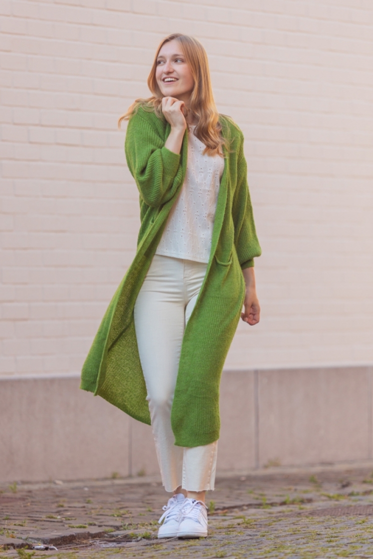 Long knit green cardigan. Green