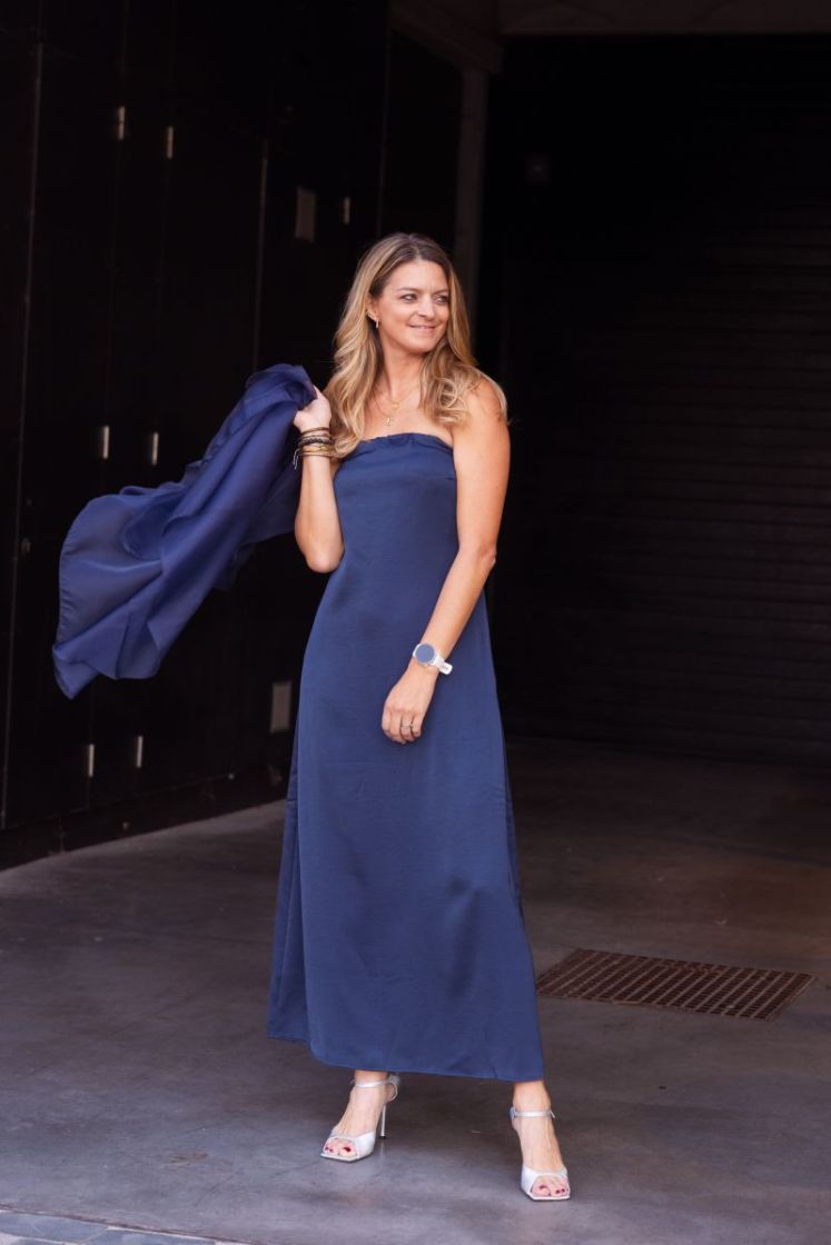 vima bandeau maxi dress navy blazer