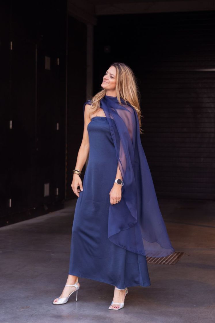vima bandeau maxi dress navy blazer
